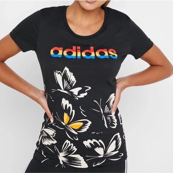 Adidas x Farm Rio Black Short Sleeve Butterfly Graphic Shirt Size Small - Picture 1 of 7